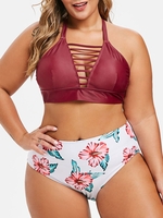 Strappy Criss Cross Floral Stripes Plus Size Bikini Set