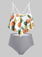 Strappy Flounces Pineapple Stripes Plus Size Tankini Swimwear