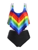 Strappy Ruched Rainbow Stripes Flounces Plus Size Tankini Swimsuit