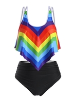 Strappy Ruched Rainbow Stripes Flounces Plus Size Tankini Swimsuit