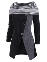 Striped Button Embellished Cowl Neck Slit Knitwear