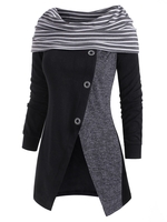 Striped Button Embellished Cowl Neck Slit Knitwear
