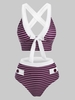 Striped Button Embellished Criss Cross Bowknot Tankini Swimwear