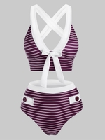 Striped Button Embellished Criss Cross Bowknot Tankini Swimwear