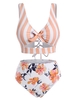 Striped Floral Cutout Lace-up Knot Tankini Swimwear