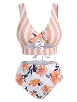 Striped Floral Cutout Lace-up Knot Tankini Swimwear