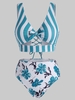 Striped Floral Cutout Lace-up Knot Tankini Swimwear