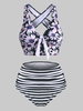 Striped Flower Tied High Waisted Criss Cross Tankini Swimwear