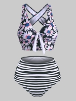 Striped Flower Tied High Waisted Criss Cross Tankini Swimwear