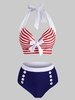 Striped Halter Button Embellished Tied Tankini Swimwear