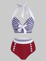Striped Halter Button Embellished Tied Tankini Swimwear