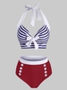 Striped Halter Button Embellished Tied Tankini Swimwear