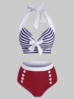 Striped Halter Button Embellished Tied Tankini Swimwear