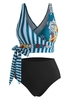 Striped Panel Floral Side Boning Knot Surplice Tankini Swimwear