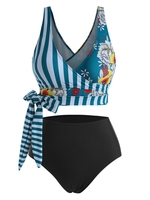 Striped Panel Floral Side Boning Knot Surplice Tankini Swimwear