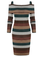 Striped Print Cold Shoulder Fold Over Sheath Dress