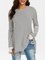 Striped Stepped Hem Side Slit Thumb Hole Long Sleeve Top