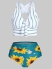 Striped Sunflower Criss Cross Tummy Control Bikini Swimwear