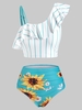 Striped Sunflower Print One Shoulder Flounce Overlay Tankini Swimwear