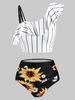 Striped Sunflower Print One Shoulder Flounce Overlay Tankini Swimwear