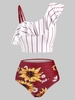 Striped Sunflower Print One Shoulder Flounce Overlay Tankini Swimwear