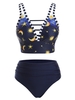 Striped Trim Stars Moon Print Crisscross Tankini Swimwear