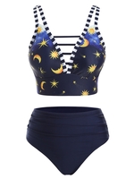 Striped Trim Stars Moon Print Crisscross Tankini Swimwear