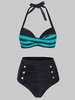 Striped Underwire Mock Button High Waisted Bikini Swimwear