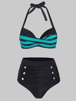 Striped Underwire Mock Button High Waisted Bikini Swimwear