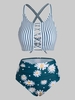 Stripes Daisy Print Lattice Criss Cross Tankini Swimwear