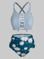 Stripes Daisy Print Lattice Criss Cross Tankini Swimwear