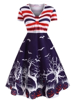 Stripes Pumpkin Bat Print Halloween Plus Size Dress
