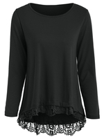 Stylish Lace Spliced Hem Long Sleeve T-Shirt For Women