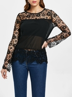 Stylish Round Neck Long Sleeve Spliced Hollow Out Women
