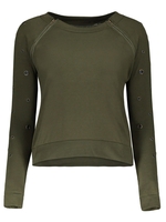 Stylish Scoop Neck Long Sleeve Army Green Hole Design T-Shirt For Women