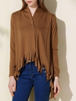 Stylish Solid Color One-Buttoned Long Sleeve Tassel Irregular Cardigan For Women