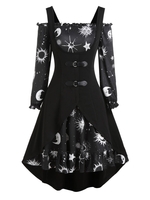 Sun Moon Star Print Mini Dress and Buckle High Low Vest
