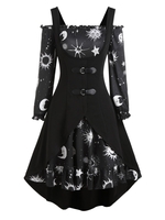 Sun Moon Star Print Mini Dress and Buckle High Low Vest