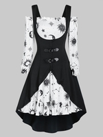 Sun Moon Star Print Mini Dress and Buckle High Low Vest