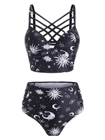 Sun Star Moon Lattice High Waisted Tankini Swimsuit