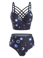 Sun Star Moon Lattice High Waisted Tankini Swimsuit