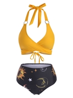 Sun Star Moon Print High Waisted O Ring Embellished Bikini Swimwear
