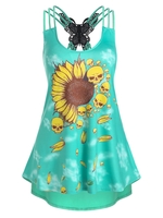 Sunflower Skull Print Butterfly Lace Panel Strappy Tank Top