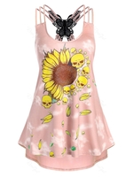 Sunflower Skull Print Butterfly Lace Panel Strappy Tank Top