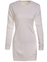 Sweet Round Neck High Slit White Sweater For Women