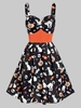 Sweetheart Neck Cat Pumpkin Print Fit And Flare Halloween Dress