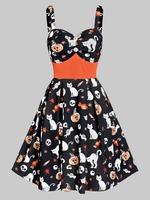 Sweetheart Neck Cat Pumpkin Print Fit And Flare Halloween Dress