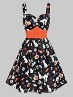 Sweetheart Neck Cat Pumpkin Print Fit And Flare Halloween Dress