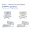 4 Kästen mit Rechenaufgaben zur Addition,  Subtraktion,  Division und Multiplikation