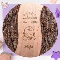 Holz-Scheibe mit Rinde - Zur Geburt